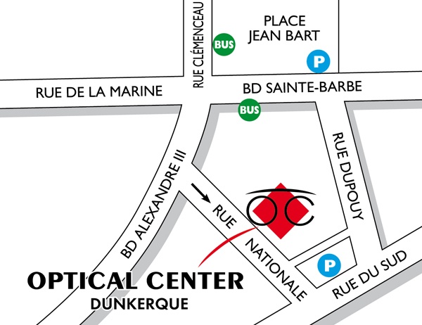 Mapa detallado de acceso Opticien DUNKERQUE Optical Center