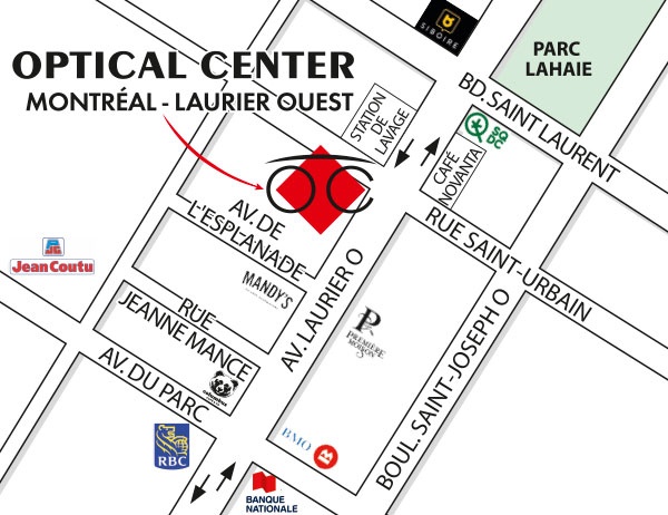 Mapa detallado de acceso Optical Center MONTRÉAL - LAURIER OUEST