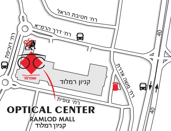 Mapa detallado de acceso Optical Center RAMLOD MALL/קניון רמלוד