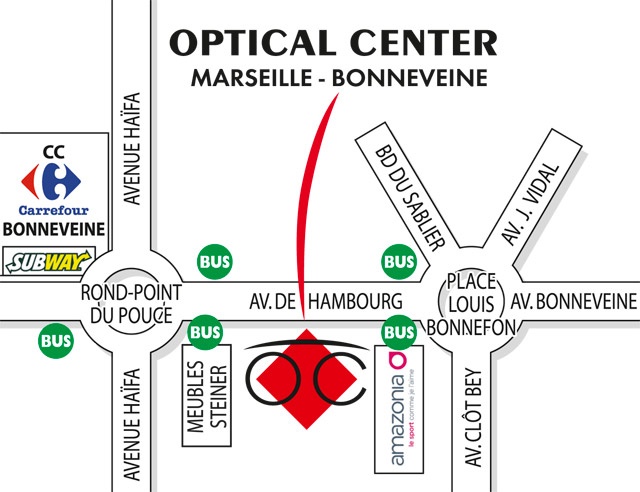 Gedetailleerd plan om toegang te krijgen tot Opticien MARSEILLE - BONNEVEINE Optical Center