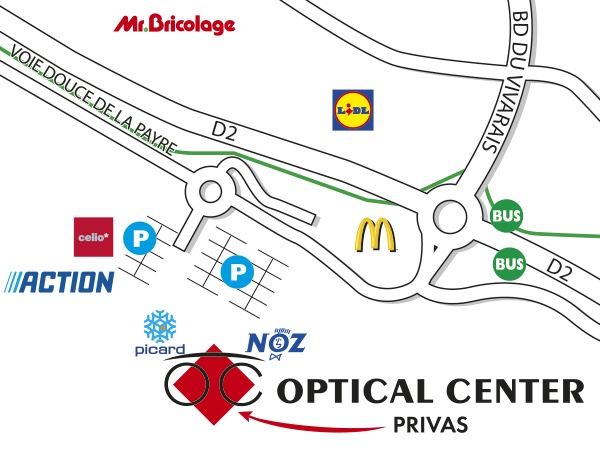 Plan detaillé pour accéder à Opticien PRIVAS Optical Center
