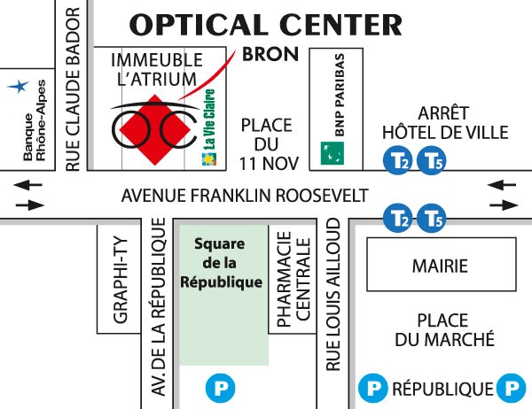 Mapa detallado de acceso Opticien BRON Optical Center
