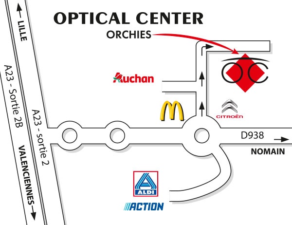 Mapa detallado de acceso Opticien ORCHIES Optical Center