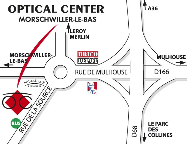 Mapa detallado de acceso Opticien MORSCHWILLER-LE-BAS Optical Center