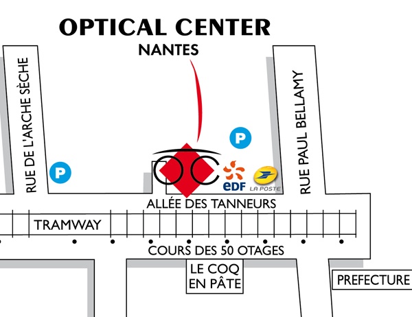Mapa detallado de acceso Opticien NANTES Optical Center
