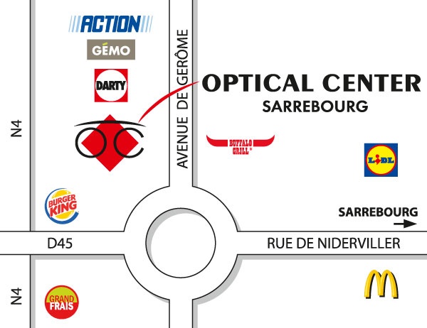 Mapa detallado de acceso Opticien SARREBOURG Optical Center