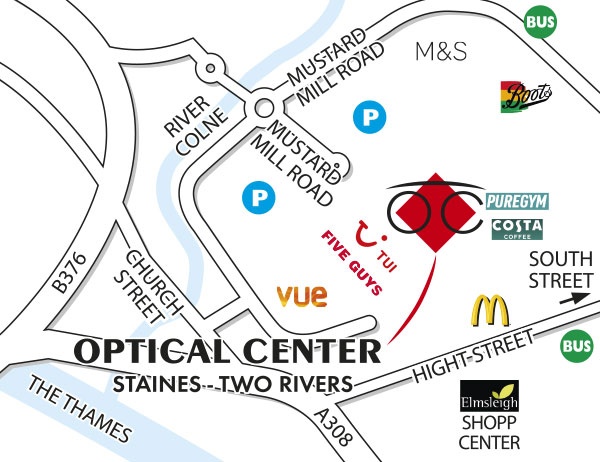 Mapa detallado de acceso Optical Center STAINES - TWO RIVERS