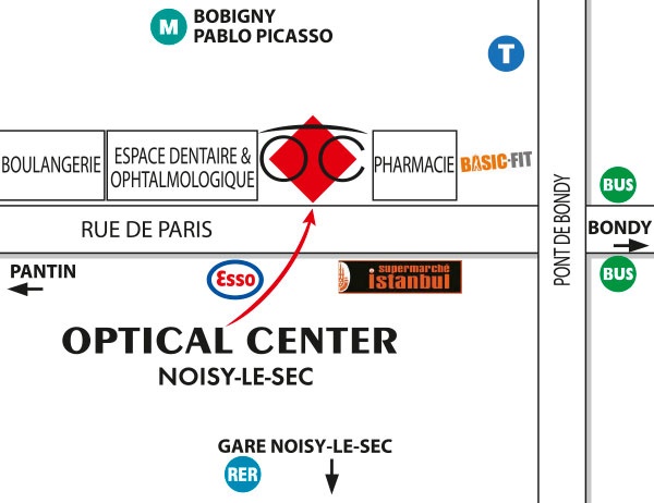 Mapa detallado de acceso Opticien NOISY LE SEC Optical Center