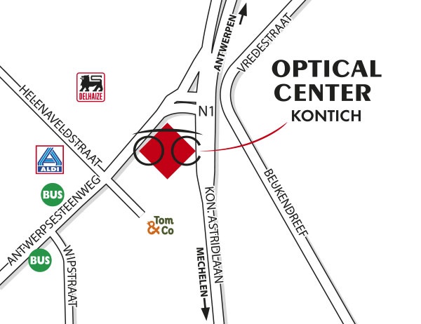 Gedetailleerd plan om toegang te krijgen tot Optical Center KONTICH
