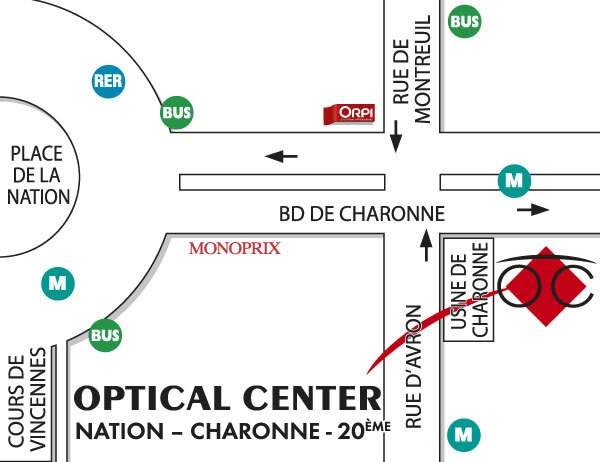 Mapa detallado de acceso Opticien PARIS - NATION CHARONNE Optical Center