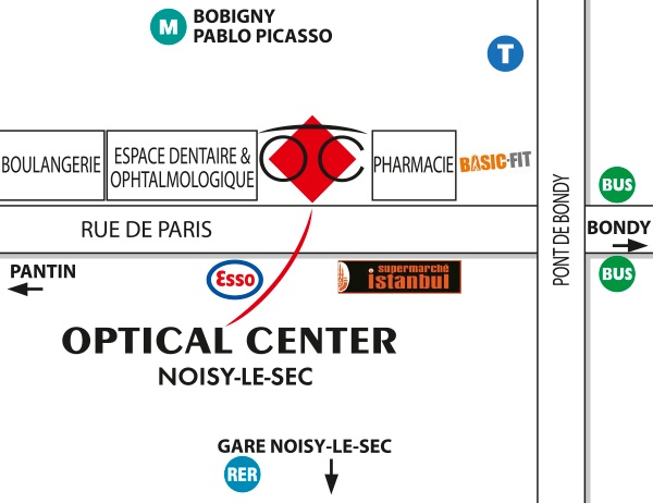 Mapa detallado de acceso Opticien NOISY LE SEC Optical Center