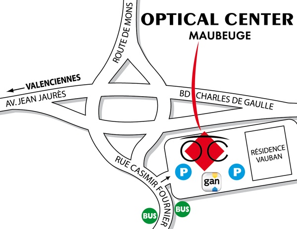 Mapa detallado de acceso Opticien MAUBEUGE Optical Center