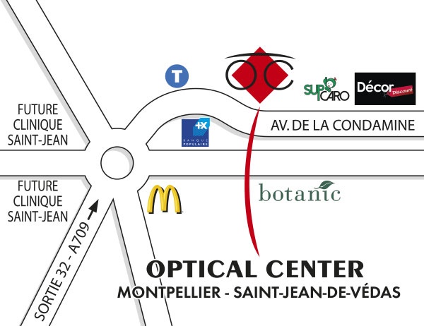 Gedetailleerd plan om toegang te krijgen tot Opticien MONTPELLIER - SAINT JEAN DE VÉDAS Optical Center