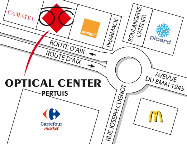 Mapa detallado de acceso Opticien PERTUIS Optical Center