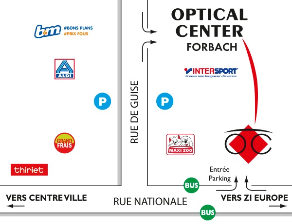Mapa detallado de acceso Opticien FORBACH Optical Center