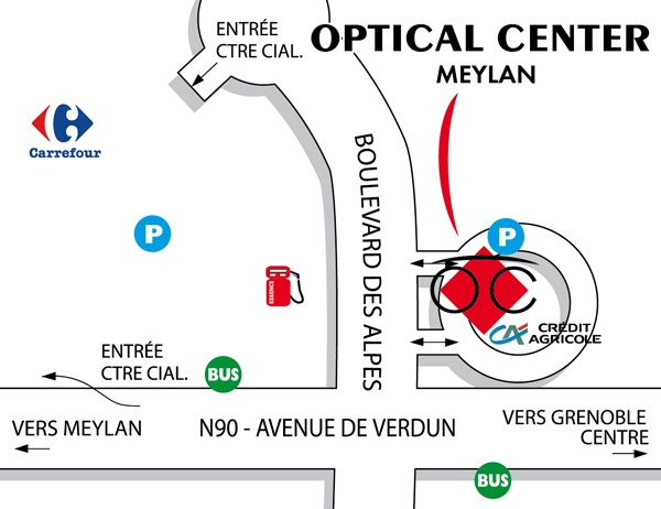 Mapa detallado de acceso Opticien MEYLAN Optical Center
