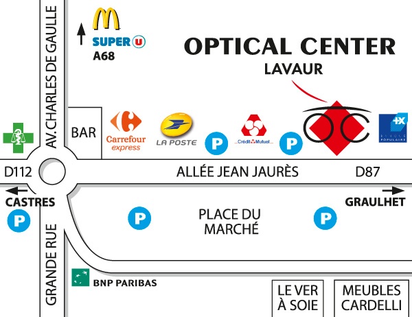 Mapa detallado de acceso Opticien LAVAUR Optical Center