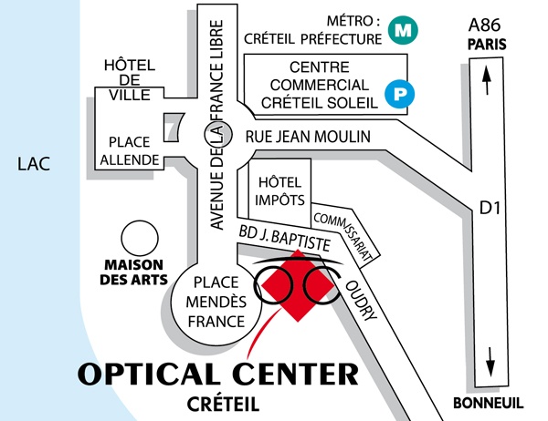 Mapa detallado de acceso Opticien CRETEIL Optical Center