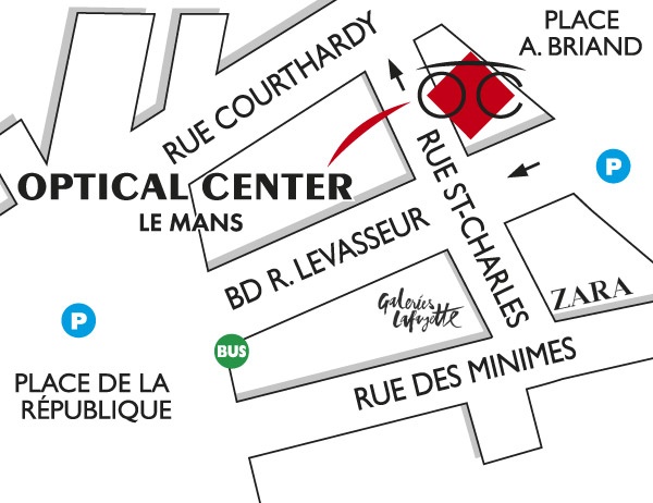 Mapa detallado de acceso Opticien LE MANS Optical Center