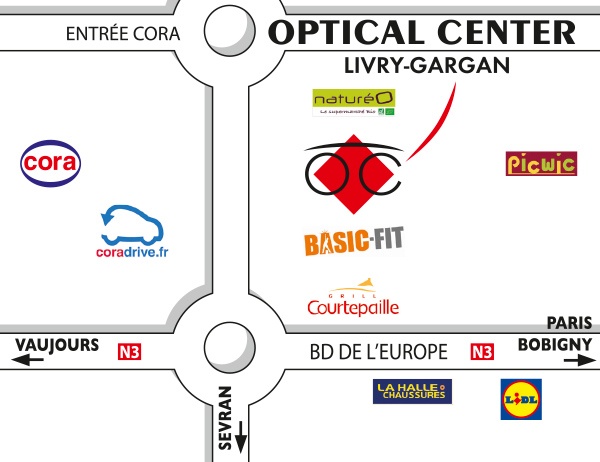 Mapa detallado de acceso Opticien LIVRY-GARGAN Optical Center