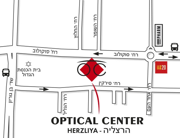 Detailed map to access to Optical Center - HERZLIYA