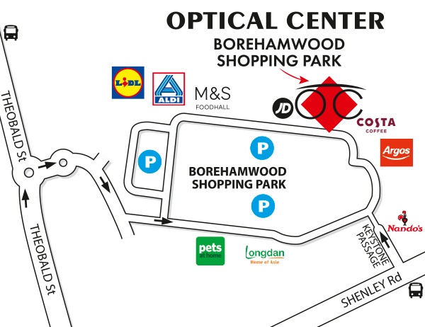 Detailed map to access to Optical Center BOREHAMWOOD