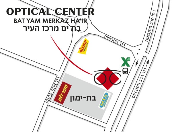 Mapa detallado de acceso Optical Center BAT YAM MERKAZ HA'IR/ בת ים מרכז העיר