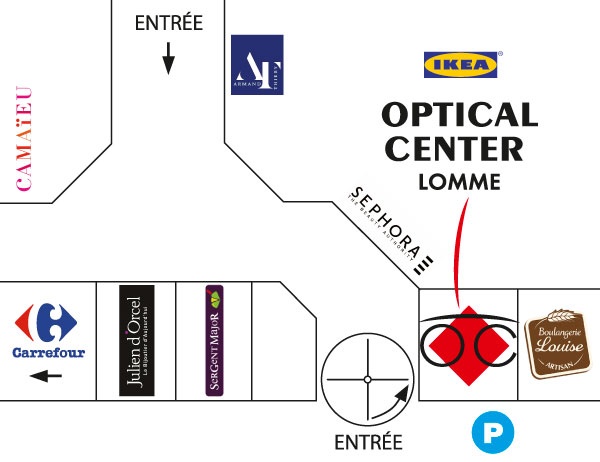 Mapa detallado de acceso Opticien LOMME Optical Center