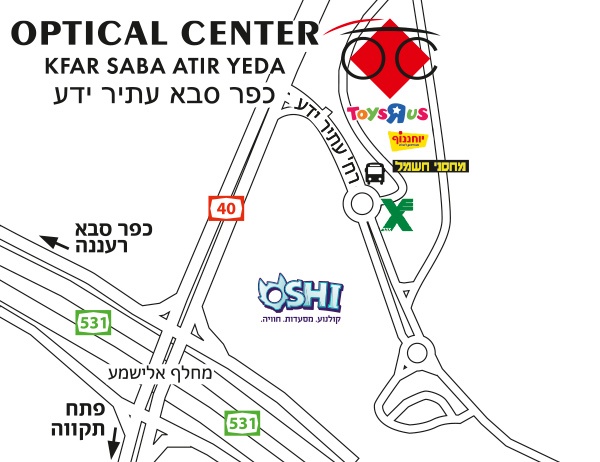 Mapa detallado de acceso Optical Center KFAR SABA ATIR YEDA/כפר סבא עתיר ידע