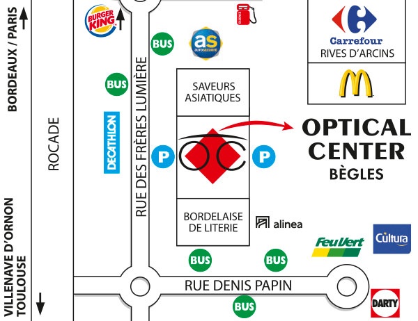 Mapa detallado de acceso Opticien BÈGLES Optical Center
