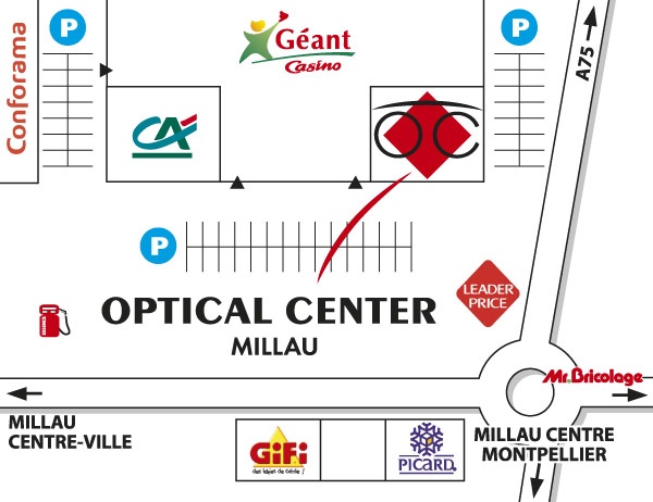 Mapa detallado de acceso Opticien MILLAU Optical Center