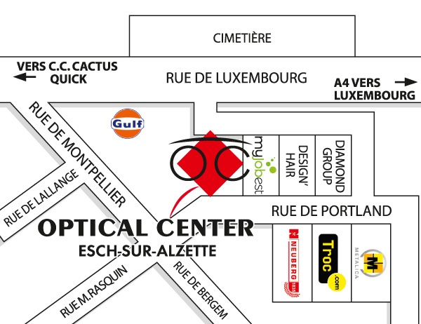 Mapa detallado de acceso Optical Center - ESCH-SUR-ALZETTE