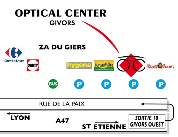 Mapa detallado de acceso Opticien GIVORS Optical Center