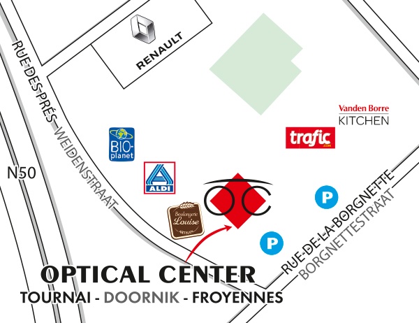 Detailed map to access to Opticien TOURNAI Optical Center