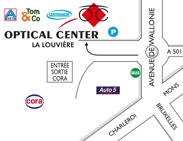 Mapa detallado de acceso Optical Center - LA LOUVIERE