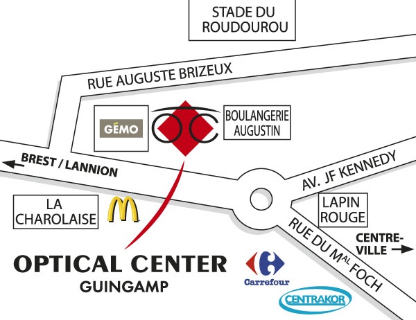 Mapa detallado de acceso Opticien GUINGAMP Optical Center