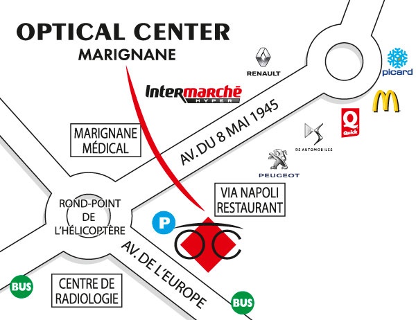 Mapa detallado de acceso Opticien MARIGNANE Optical Center