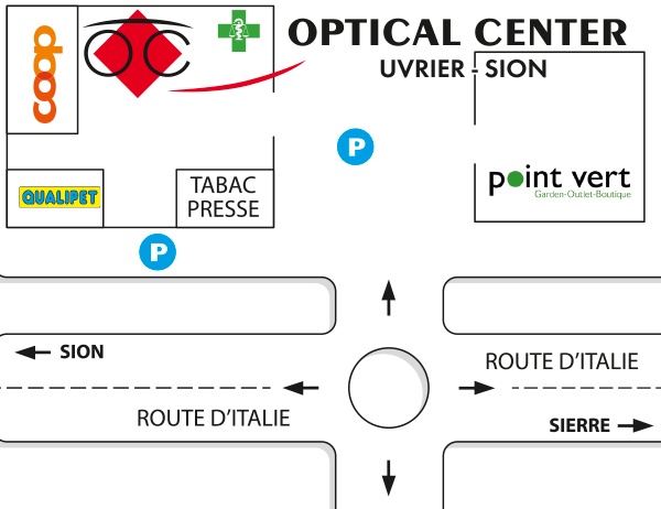 Mapa detallado de acceso Optical Center - UVRIER - SION