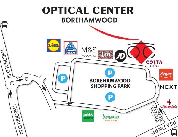 Mapa detallado de acceso Optical Center BOREHAMWOOD