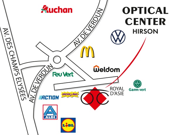 Mapa detallado de acceso Opticien HIRSON Optical Center