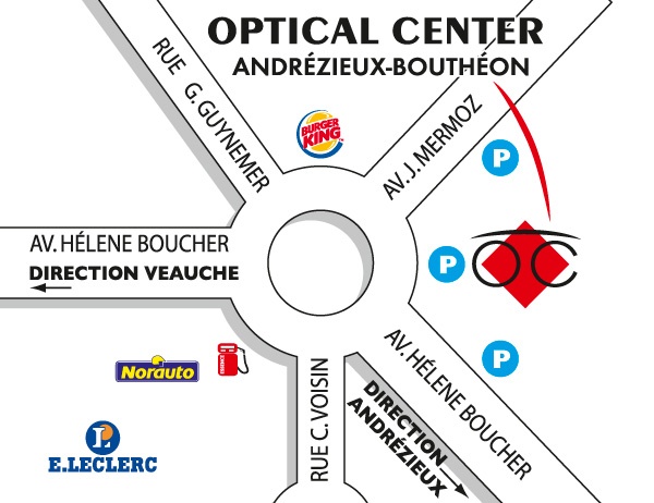 Mapa detallado de acceso Opticien ANDRÉZIEUX-BOUTHÉON Optical Center
