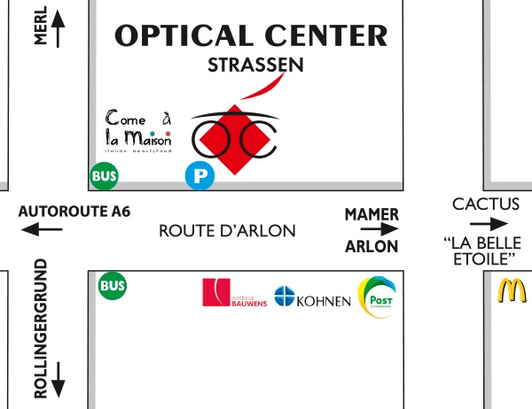 Mapa detallado de acceso Optical Center - STRASSEN
