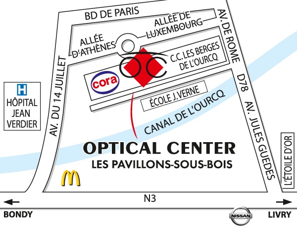 Mapa detallado de acceso Opticien LES-PAVILLONS-SOUS-BOIS Optical Center