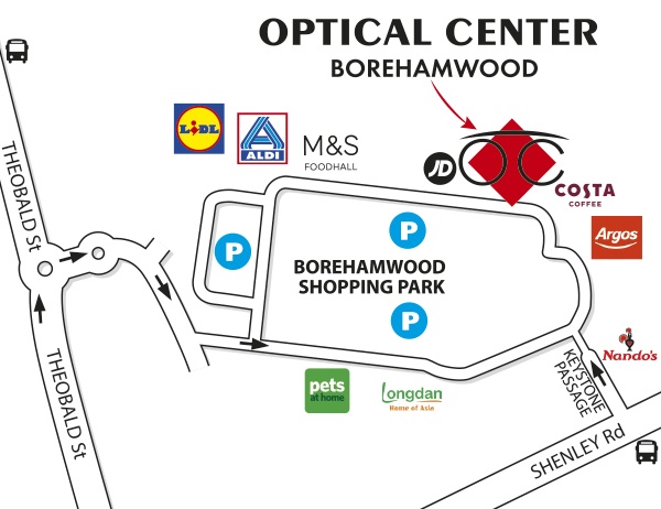 Mapa detallado de acceso Optical Center BOREHAMWOOD