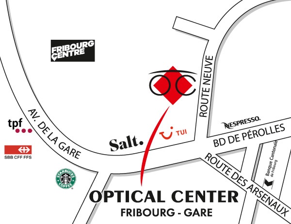 Detailed map to access to Optical Center FRIBOURG - GARE