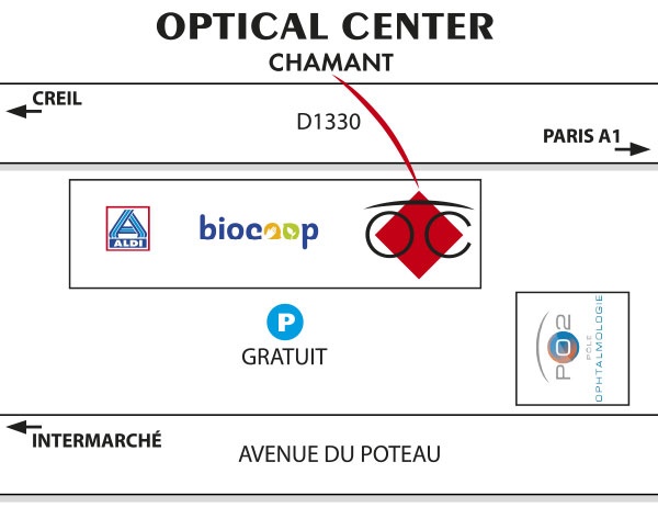 Mapa detallado de acceso Opticien CHAMANT Optical Center