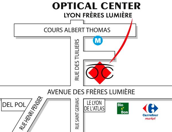 Mapa detallado de acceso Opticien LYON - FRÈRES LUMIÈRE Optical Center