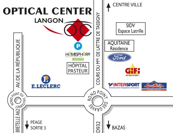 Mapa detallado de acceso Opticien LANGON Optical Center