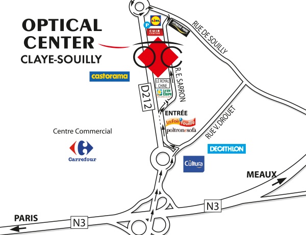 Mapa detallado de acceso Opticien CLAYE-SOUILLY Optical Center