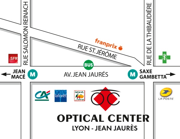 Mapa detallado de acceso Opticien LYON - JEAN-JAURÈS Optical Center